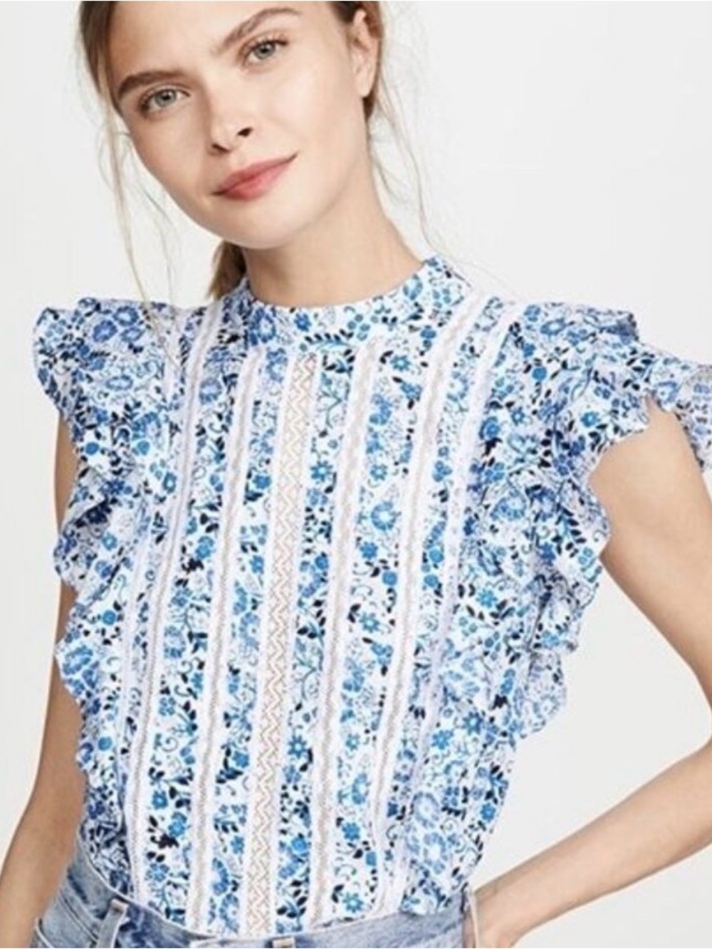 Veronica Beard Sol printed lace ruffle blouse White Blue Floral Top Flutter Sz 8